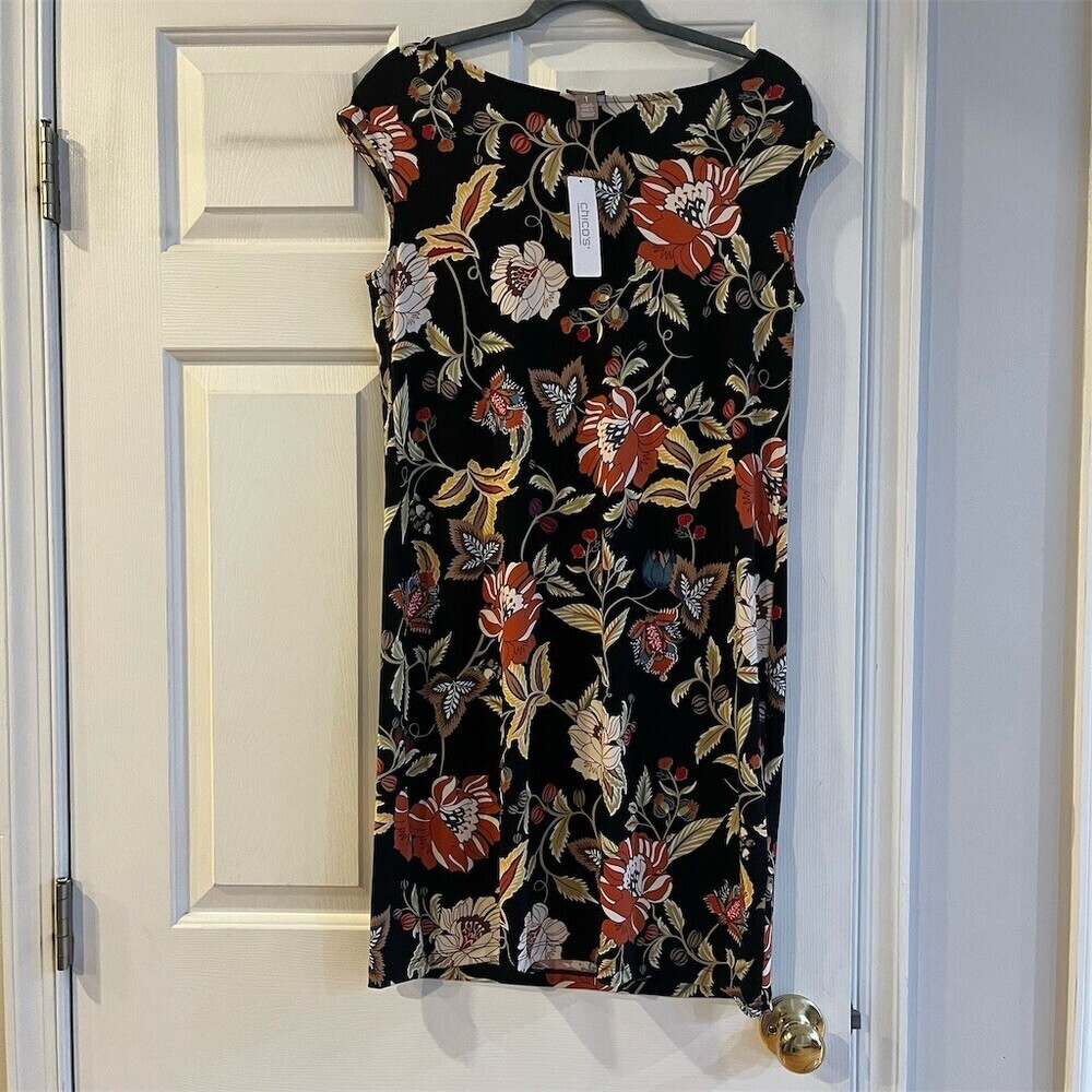 Chico's Dress Womens Size 1 Black Rust Ivory Floral Sheath Cap Sleeve